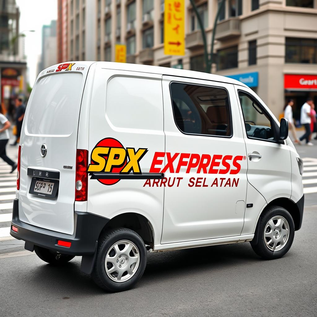 A clean and sleek white mini blind van featuring the logo "SPX EXPRESS ARUT SELATAN" prominently displayed on its side
