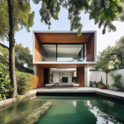 A 2003 square feet house positioned in front of a serene canal surrounded by lush greenery