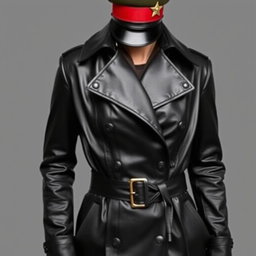 A person wearing a stylish black leather trench coat with large lapels and a belt featuring a metallic buckle, exuding sophistication
