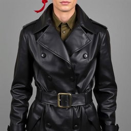 A person wearing a stylish black leather trench coat with large lapels and a belt featuring a metallic buckle, exuding sophistication