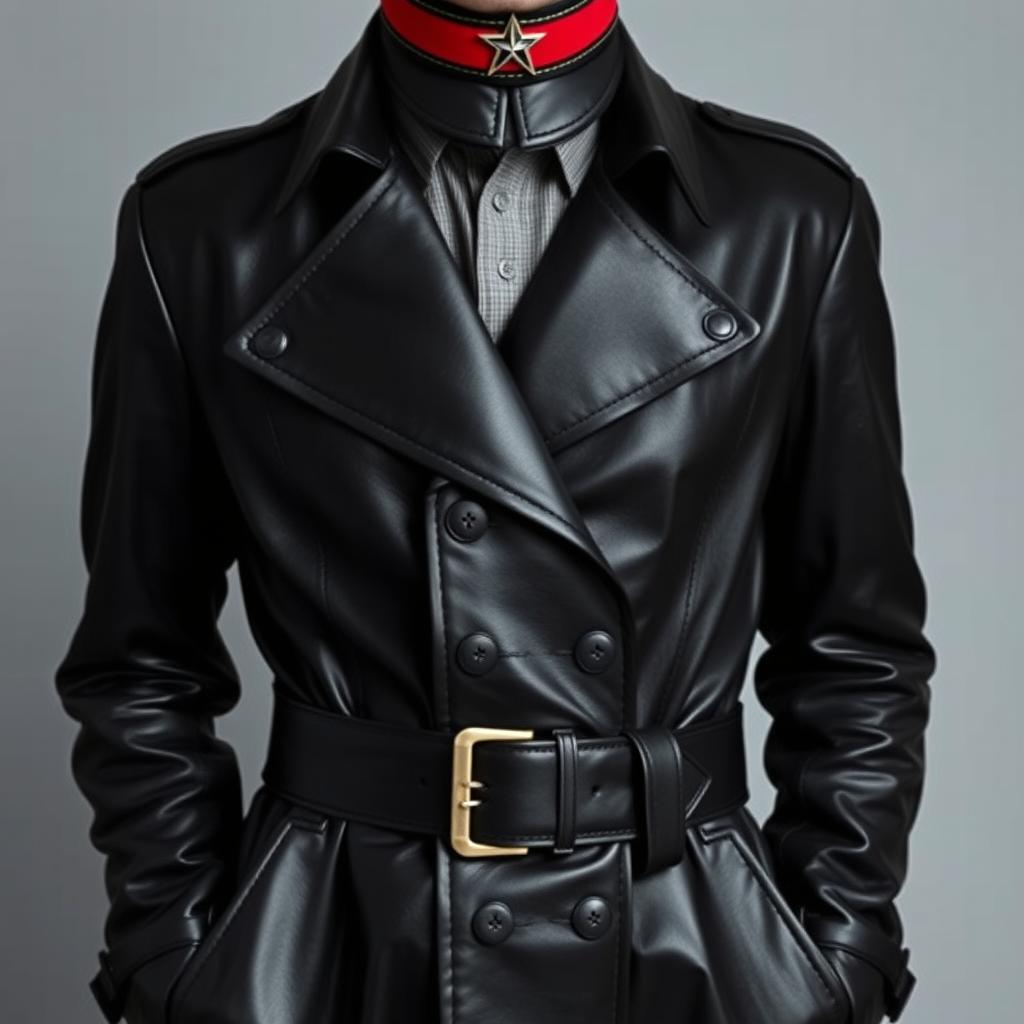 A person wearing a stylish black leather trench coat with large lapels and a belt featuring a metallic buckle, exuding sophistication