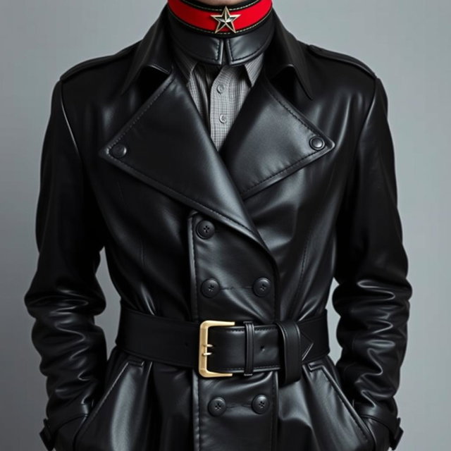 A person wearing a stylish black leather trench coat with large lapels and a belt featuring a metallic buckle, exuding sophistication