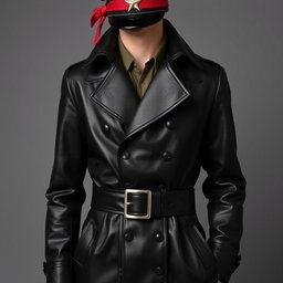A person wearing a stylish black leather trench coat with large lapels and a belt featuring a metallic buckle, exuding sophistication