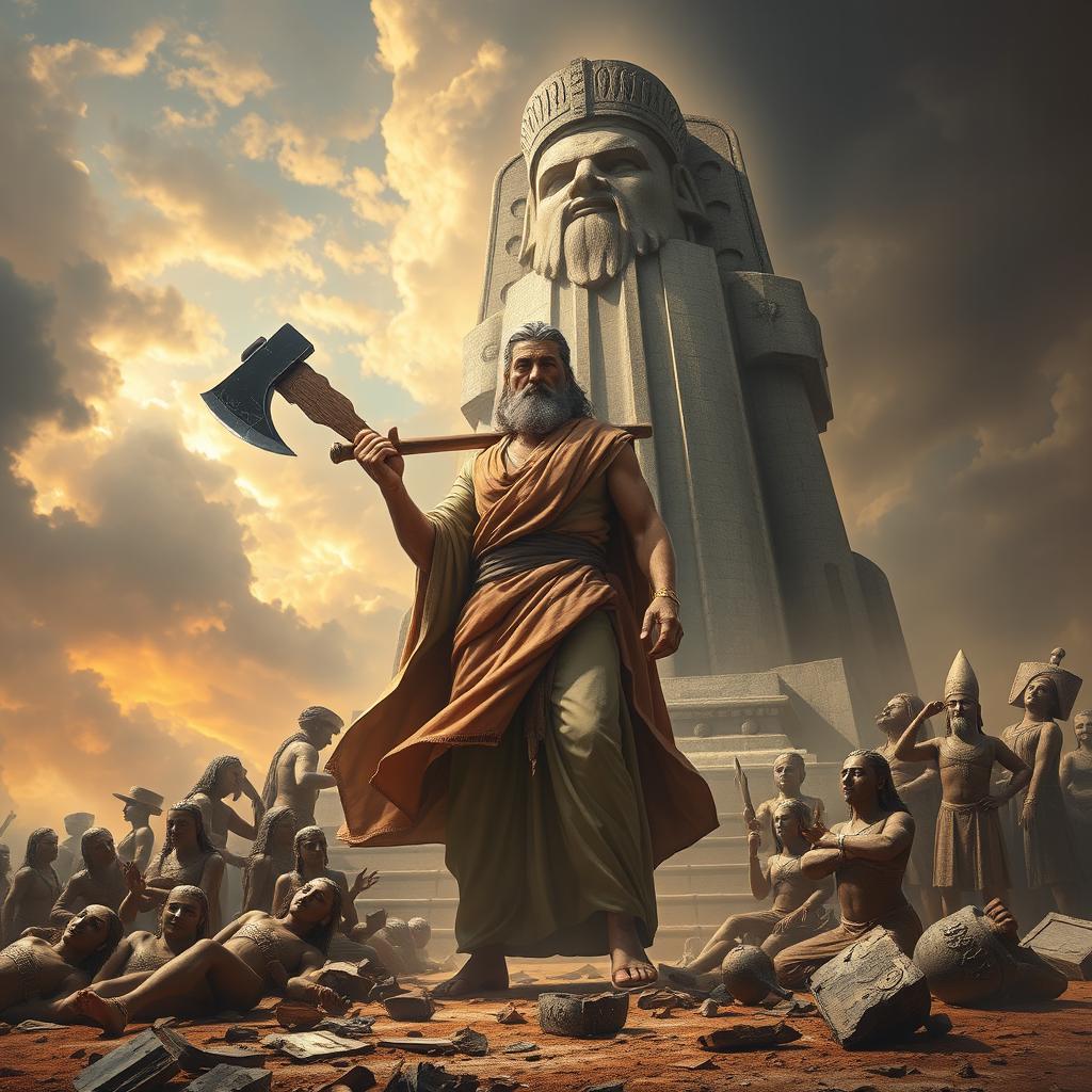 A powerful and dramatic scene depicting Prophet Abraham standing resolutely before a towering idol, with a massive axe resting on his shoulder