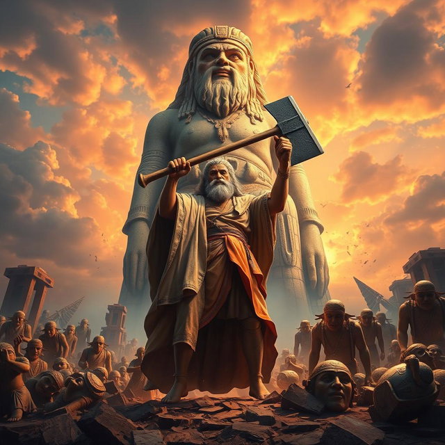 A powerful and dramatic scene depicting Prophet Abraham standing resolutely before a towering idol, with a massive axe resting on his shoulder
