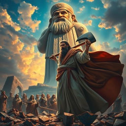 A powerful and dramatic scene depicting Prophet Abraham standing resolutely before a towering idol, with a massive axe resting on his shoulder