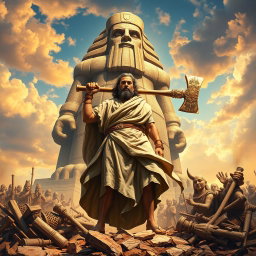 A powerful and dramatic scene depicting Prophet Abraham standing resolutely before a towering idol, with a massive axe resting on his shoulder