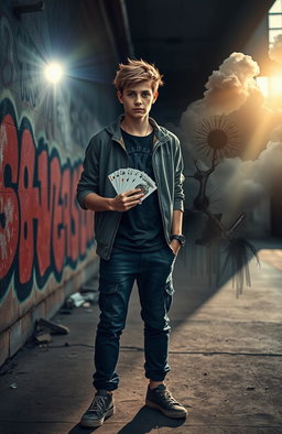 A cinematic portrayal of a troubled teenager's transformation journey, featuring dramatic lighting that symbolizes his struggles and eventual triumph