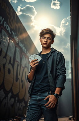 A cinematic portrayal of a troubled teenager's transformation journey, featuring dramatic lighting that symbolizes his struggles and eventual triumph