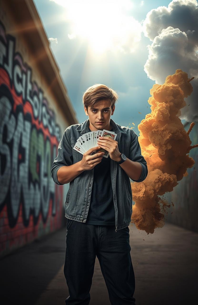A cinematic portrayal of a troubled teenager's transformation journey, featuring dramatic lighting that symbolizes his struggles and eventual triumph