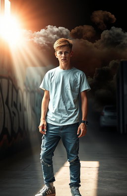 A cinematic portrayal of a troubled teenager's transformation journey, featuring dramatic lighting that symbolizes his struggles and eventual triumph