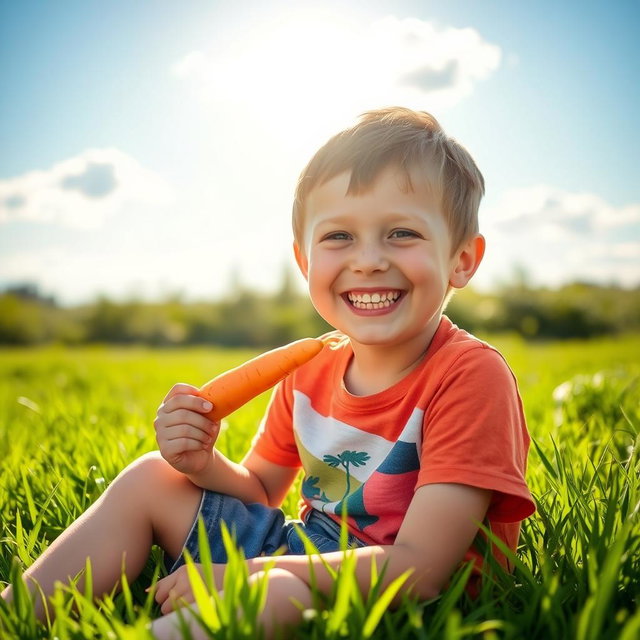 A happy boy with a bright smile, sitting under the warm sun on a grassy field, enjoying a fresh, crunchy carrot