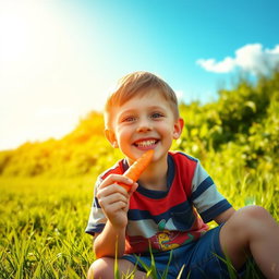 A happy boy with a bright smile, sitting under the warm sun on a grassy field, enjoying a fresh, crunchy carrot