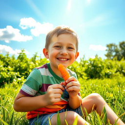 A happy boy with a bright smile, sitting under the warm sun on a grassy field, enjoying a fresh, crunchy carrot