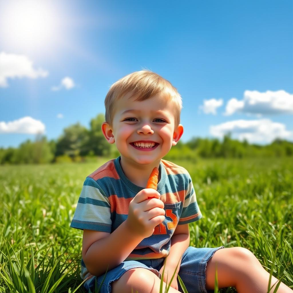 A happy boy with a bright smile, sitting under the warm sun on a grassy field, enjoying a fresh, crunchy carrot