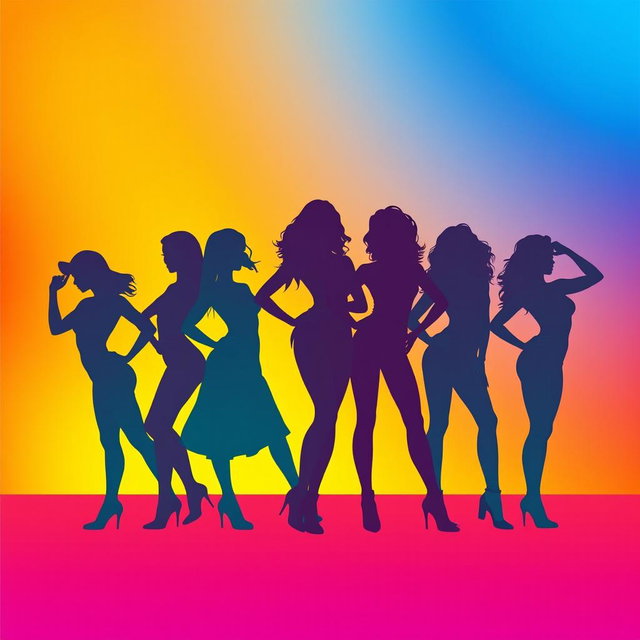 A captivating poster featuring the silhouettes of eight women posed artistically against a vibrant background