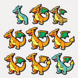 A collection of Brawl Stars style pins that depict Charizard, styled and designed to match the unique and vibrant aesthetic of Brawl Stars