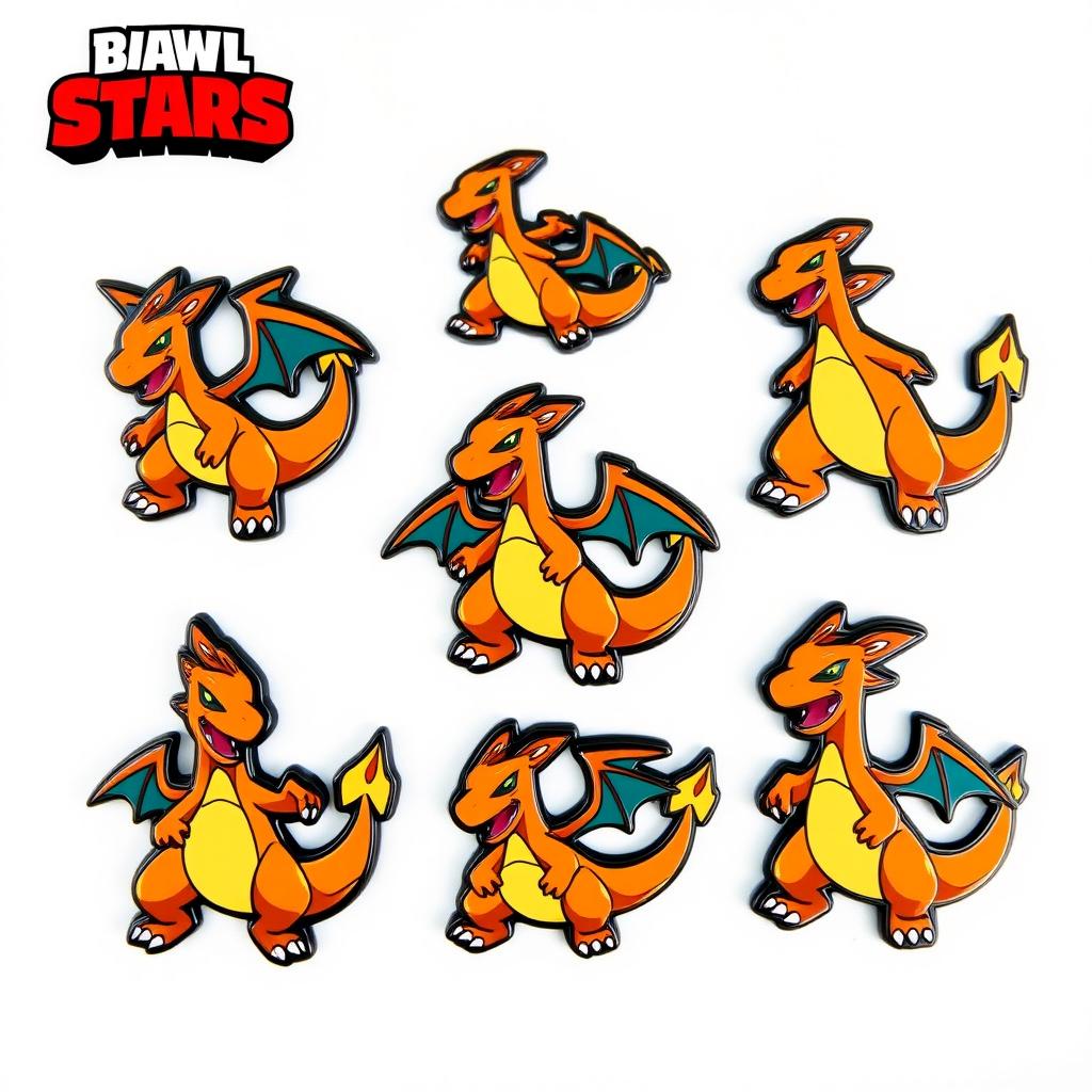 A collection of Brawl Stars style pins that depict Charizard, styled and designed to match the unique and vibrant aesthetic of Brawl Stars
