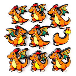 A collection of Brawl Stars style pins that depict Charizard, styled and designed to match the unique and vibrant aesthetic of Brawl Stars