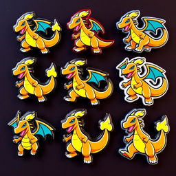 A collection of Brawl Stars style pins that depict Charizard, styled and designed to match the unique and vibrant aesthetic of Brawl Stars