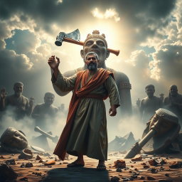 The scene depicts the prophet Ibrahim standing defiantly in front of a large idol that prominently features an axe resting on its shoulder
