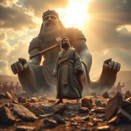The scene depicts the prophet Ibrahim standing defiantly in front of a large idol that prominently features an axe resting on its shoulder