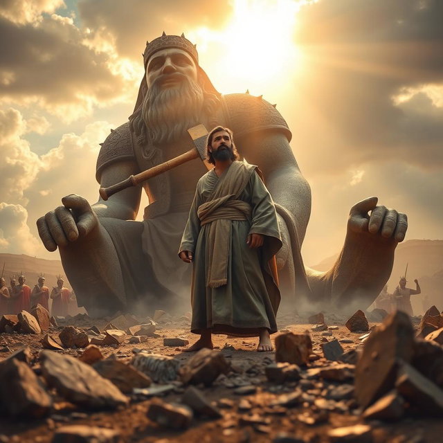 The scene depicts the prophet Ibrahim standing defiantly in front of a large idol that prominently features an axe resting on its shoulder
