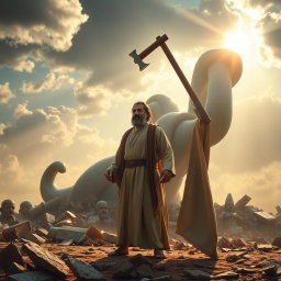 The scene depicts the prophet Ibrahim standing defiantly in front of a large idol that prominently features an axe resting on its shoulder