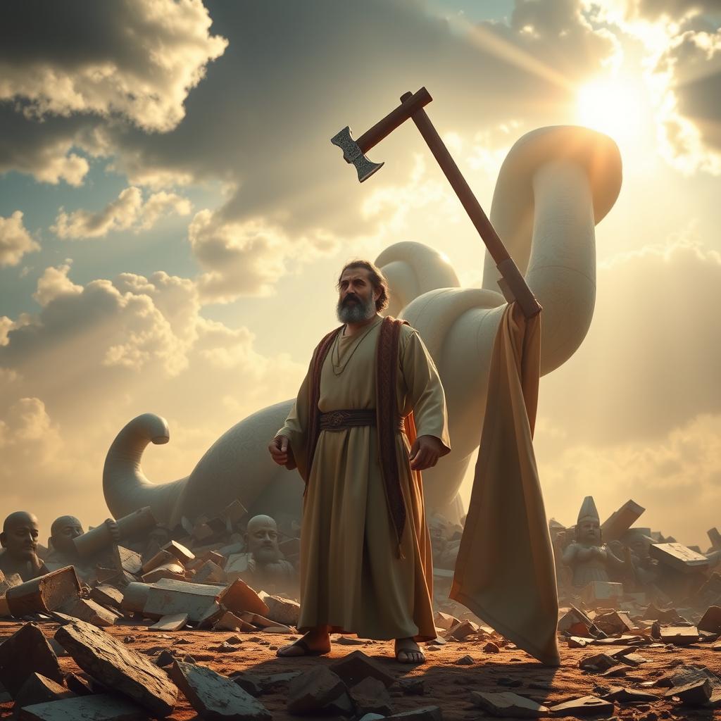 The scene depicts the prophet Ibrahim standing defiantly in front of a large idol that prominently features an axe resting on its shoulder