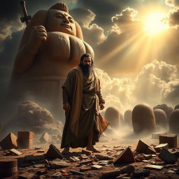 The scene depicts the prophet Ibrahim standing defiantly in front of a large idol that prominently features an axe resting on its shoulder