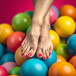 A creative and artistic depiction featuring a pair of feet elegantly positioned on colorful, bouncy balls