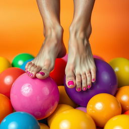 A creative and artistic depiction featuring a pair of feet elegantly positioned on colorful, bouncy balls