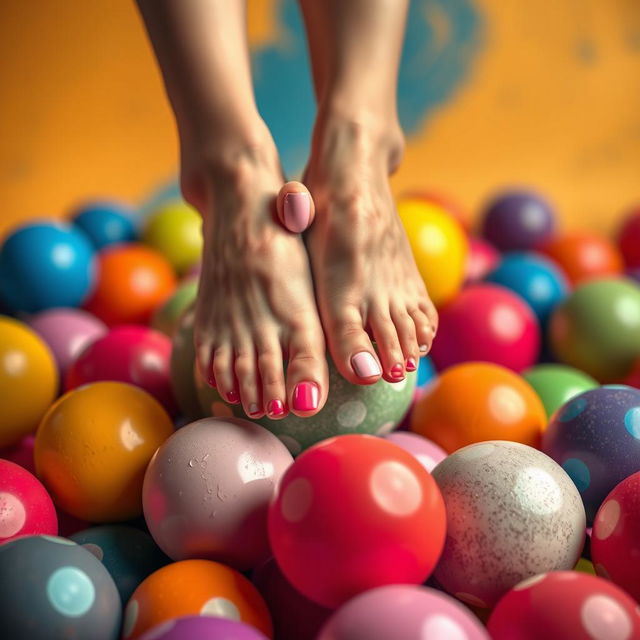 A creative and artistic depiction featuring a pair of feet elegantly positioned on colorful, bouncy balls