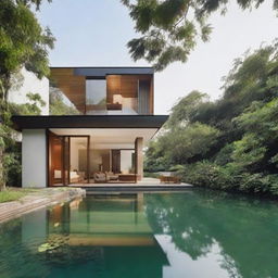 A 2003 square feet house positioned in front of a serene canal surrounded by lush greenery