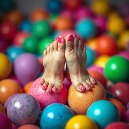 A provocative yet artistic depiction of a pair of feet playfully resting on colorful, bouncy balls alongside the suggestion of an adult theme in an abstract way