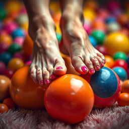 A provocative yet artistic depiction of a pair of feet playfully resting on colorful, bouncy balls alongside the suggestion of an adult theme in an abstract way