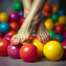A provocative yet artistic depiction of a pair of feet playfully resting on colorful, bouncy balls alongside the suggestion of an adult theme in an abstract way