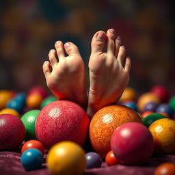 A provocative yet artistic depiction of a pair of feet playfully resting on colorful, bouncy balls alongside the suggestion of an adult theme in an abstract way