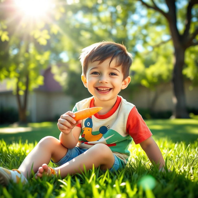 A joyful boy sitting on a grassy lawn under a bright sun, with a big smile on his face, eating a fresh orange carrot