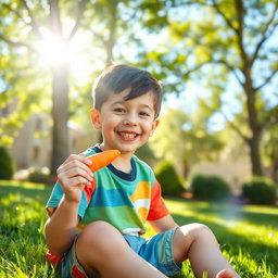 A joyful boy sitting on a grassy lawn under a bright sun, with a big smile on his face, eating a fresh orange carrot