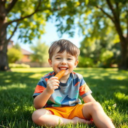 A joyful boy sitting on a grassy lawn under a bright sun, with a big smile on his face, eating a fresh orange carrot