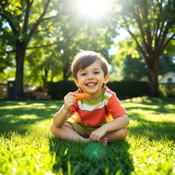 A joyful boy sitting on a grassy lawn under a bright sun, with a big smile on his face, eating a fresh orange carrot