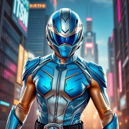 A heroic figure wearing a sleek, modern outfit with a vibrant blue color scheme and a shiny silver helmet, showcasing a determined expression
