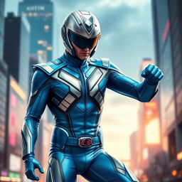 A heroic figure wearing a sleek, modern outfit with a vibrant blue color scheme and a shiny silver helmet, showcasing a determined expression