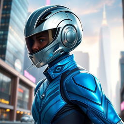 A heroic figure wearing a sleek, modern outfit with a vibrant blue color scheme and a shiny silver helmet, showcasing a determined expression