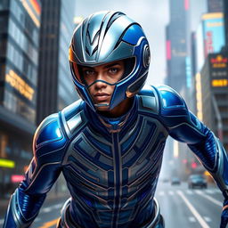 A heroic figure wearing a sleek, modern outfit with a vibrant blue color scheme and a shiny silver helmet, showcasing a determined expression