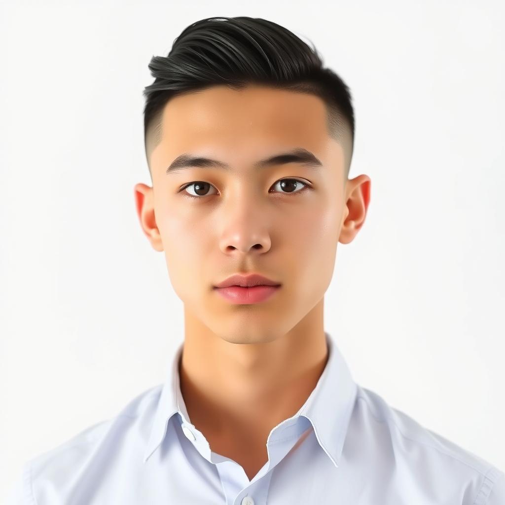 A passport-sized photo of a young adult with a low taper fade hairstyle