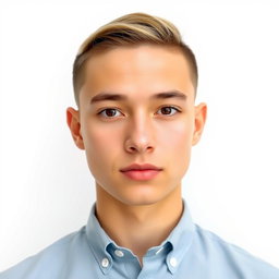 A passport-sized photo of a young adult with a low taper fade hairstyle