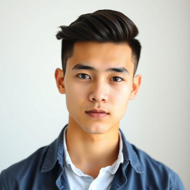A passport-sized photo of a young adult with a low taper fade hairstyle
