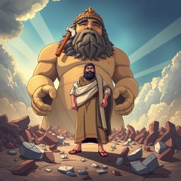 The illustration captures the prophet Ibrahim standing boldly in front of a massive idol, which has an axe casually draped over its shoulder